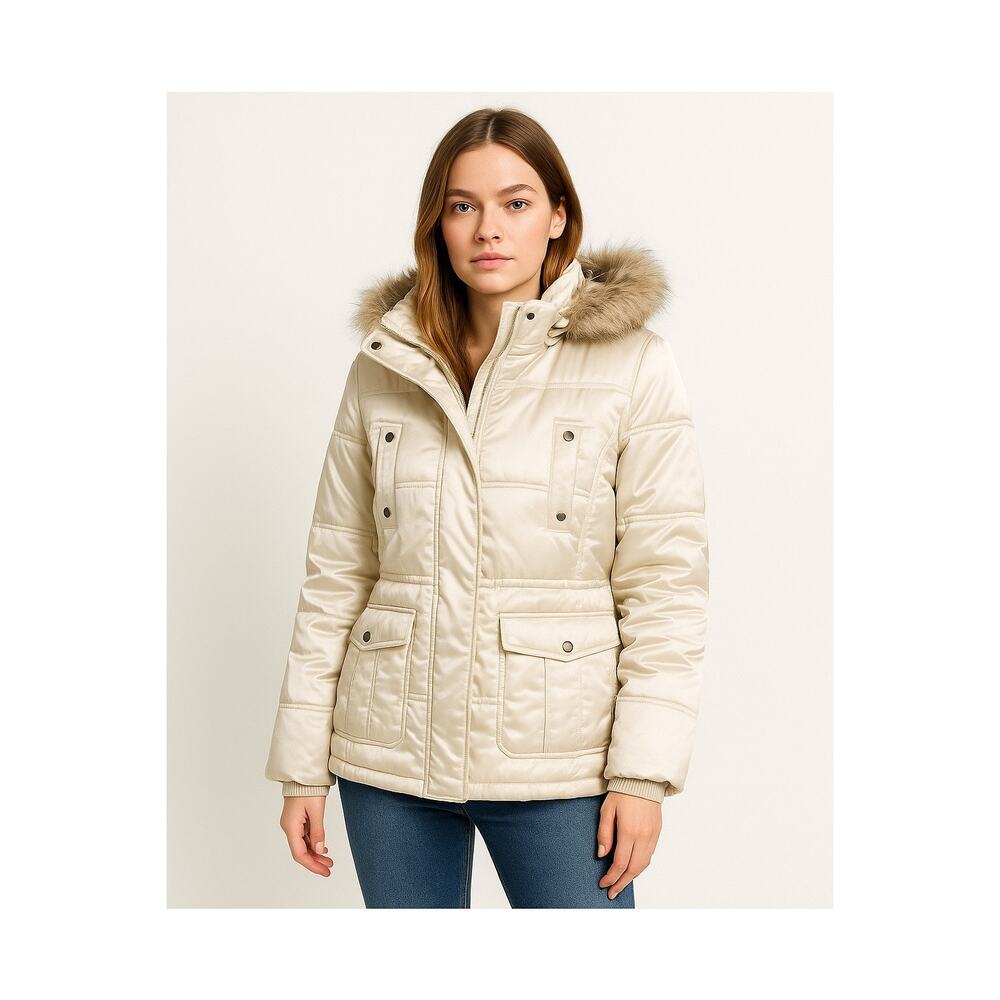 2000s Esprit Faux Fur Hooded Cream Winter Puffer Coat Size Medium